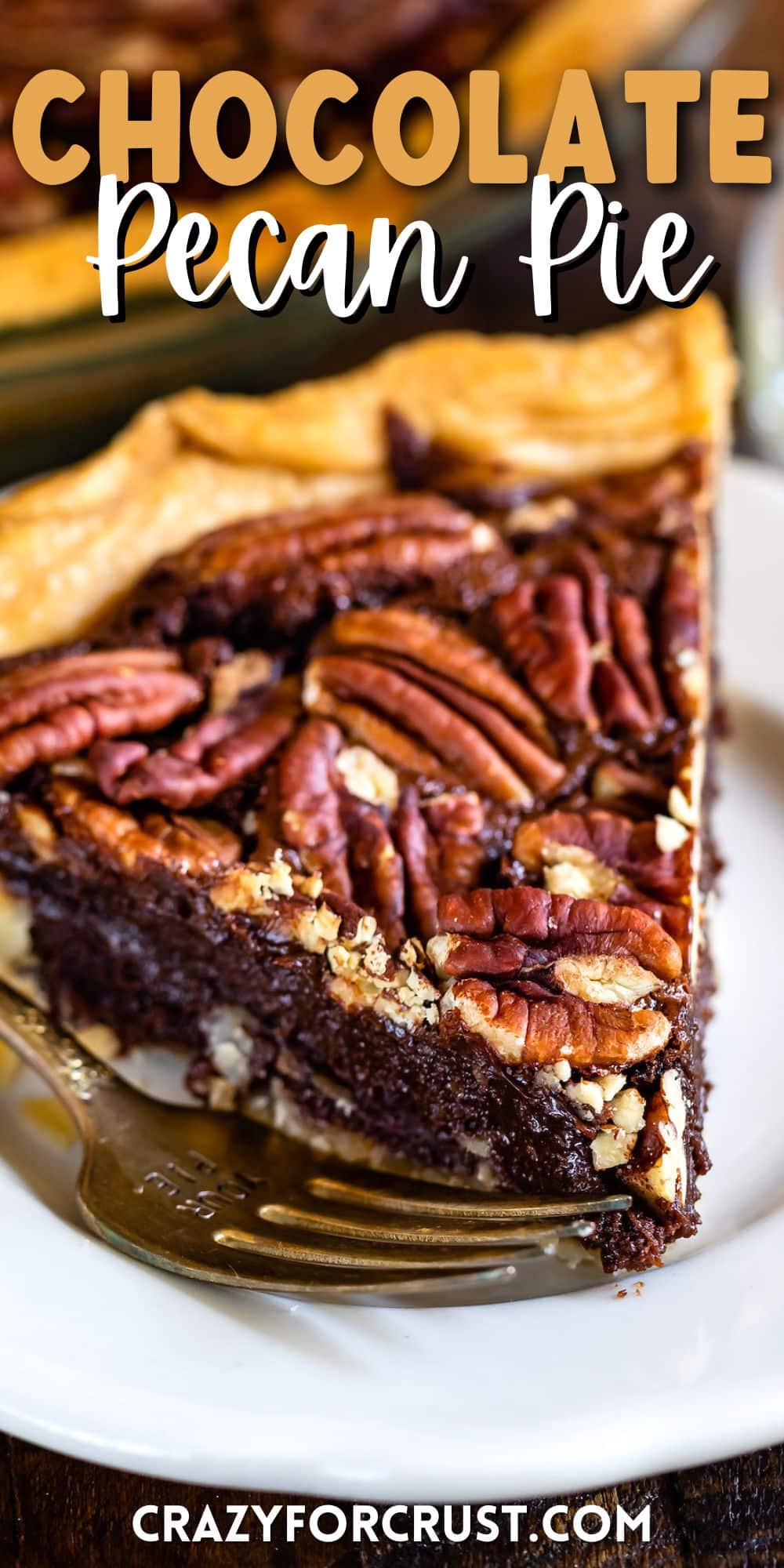 chocolate pecan pie on a white plate with words on top