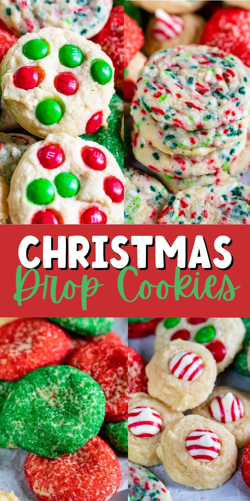 four photos of different styled christmas cookies with red and green ingredients baked into the cookies with words in the middle