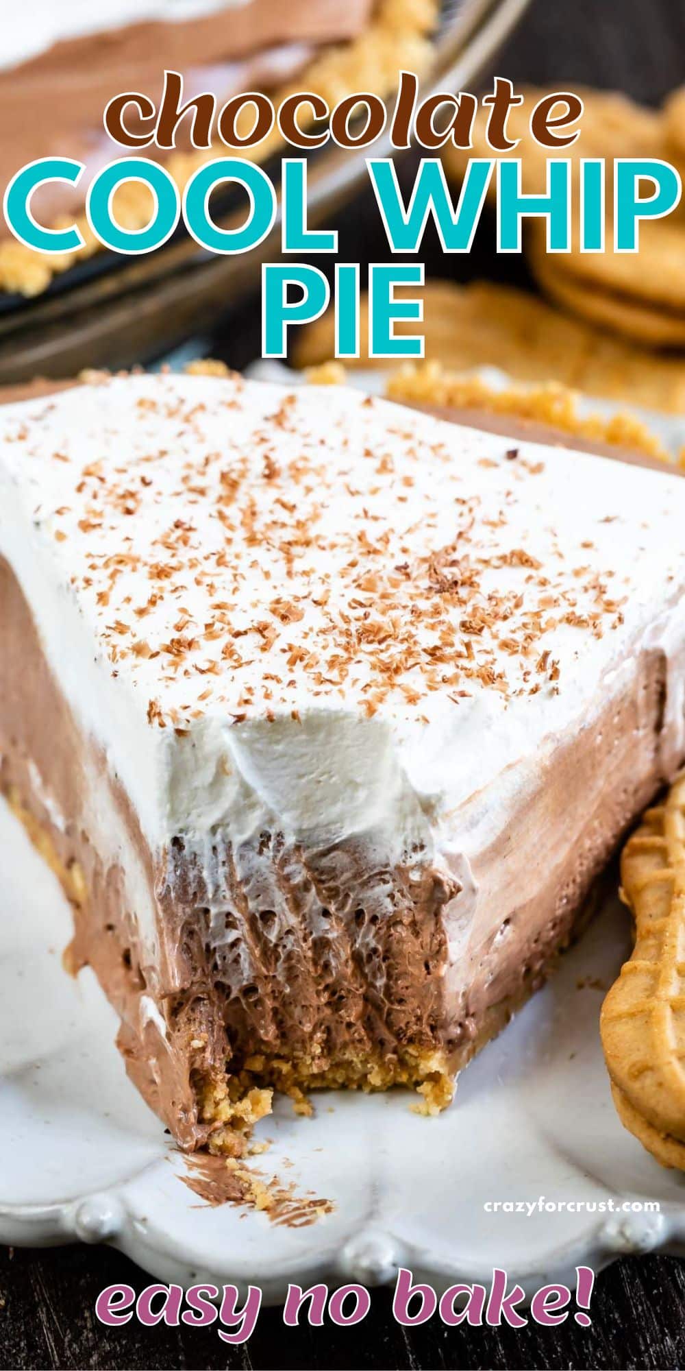 slice of chocolate pie on white plate with bite missing