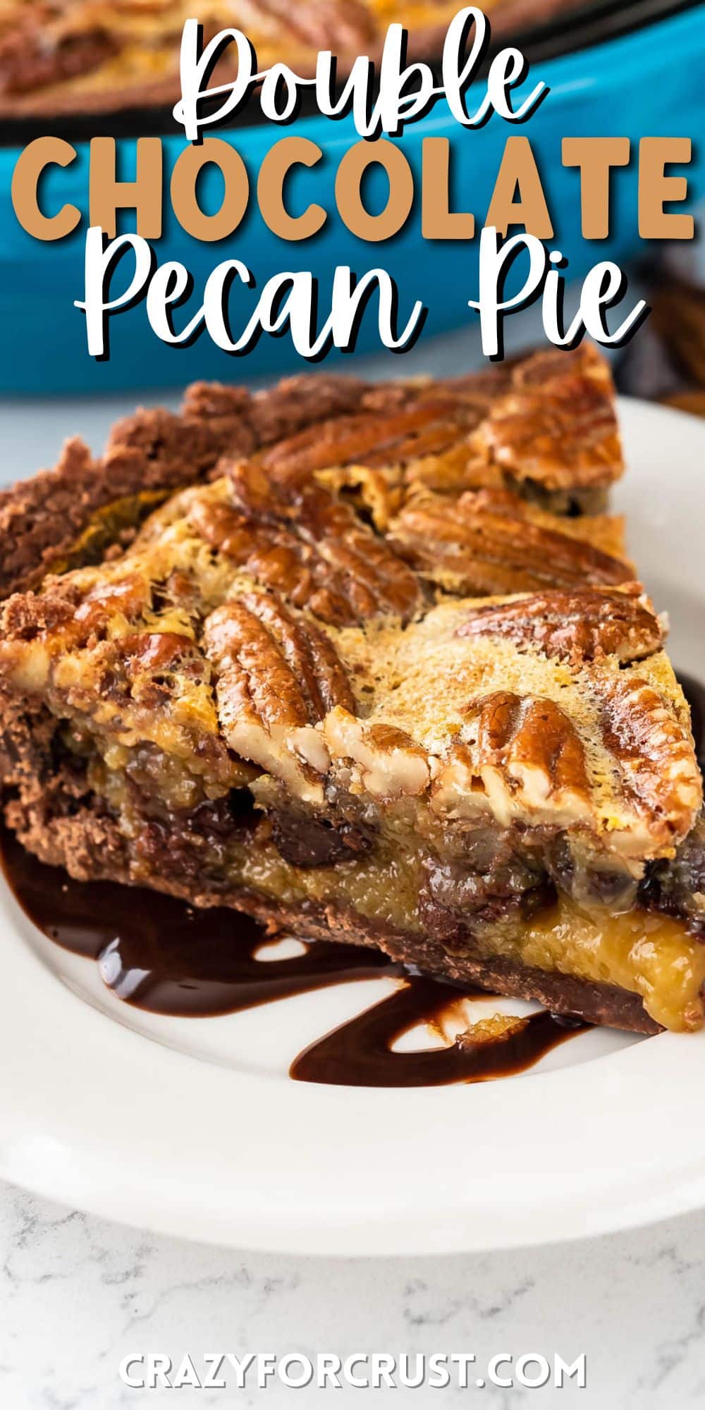 pecan chocolate pie on a white plate with chocolate drizzled over the top with words on top