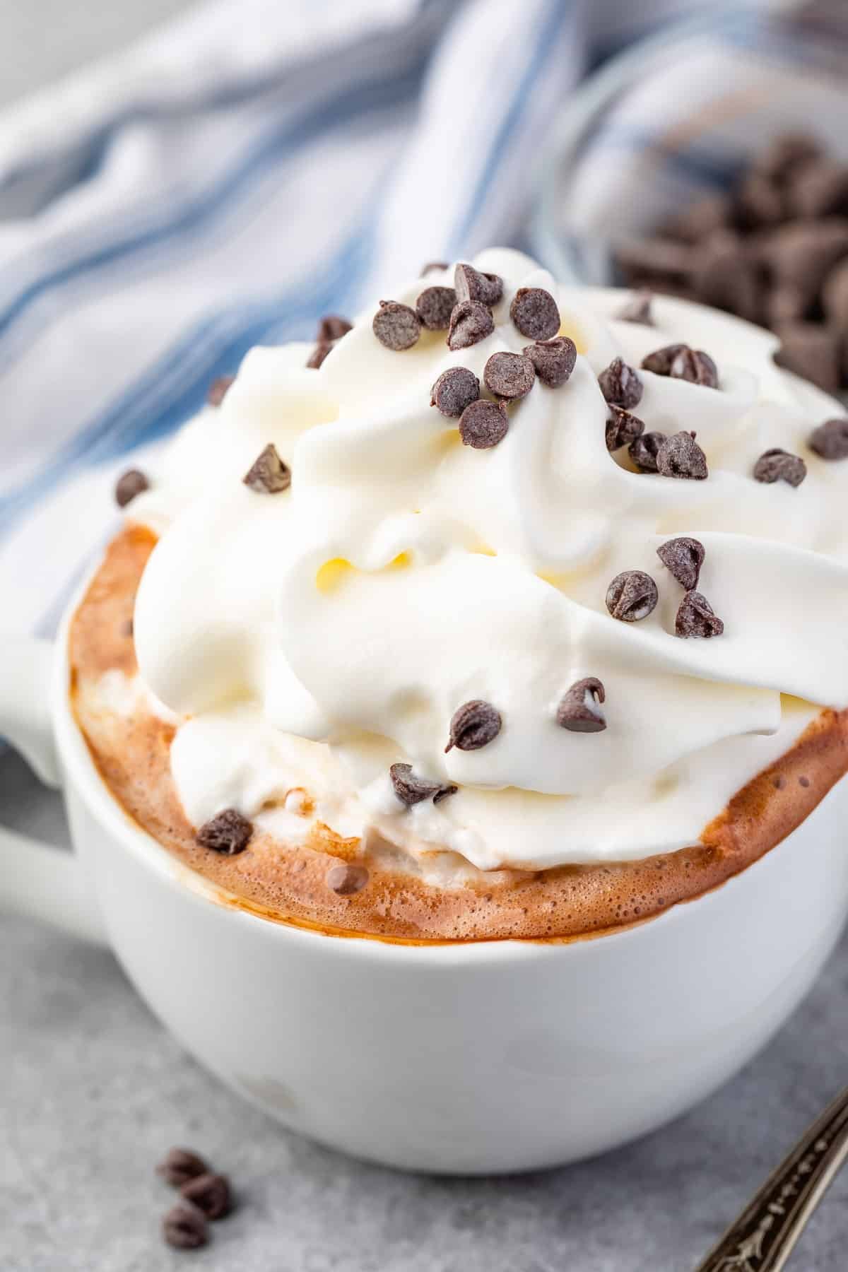 drinking chocolate in a white mug covered in whipped cream and chocolate chips