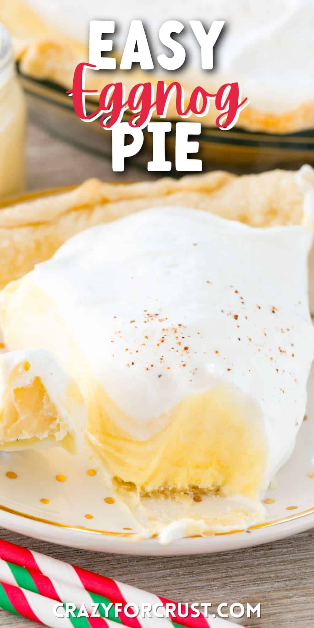 a slice of eggnog pie on a white plate next to a gold fork with words on top
