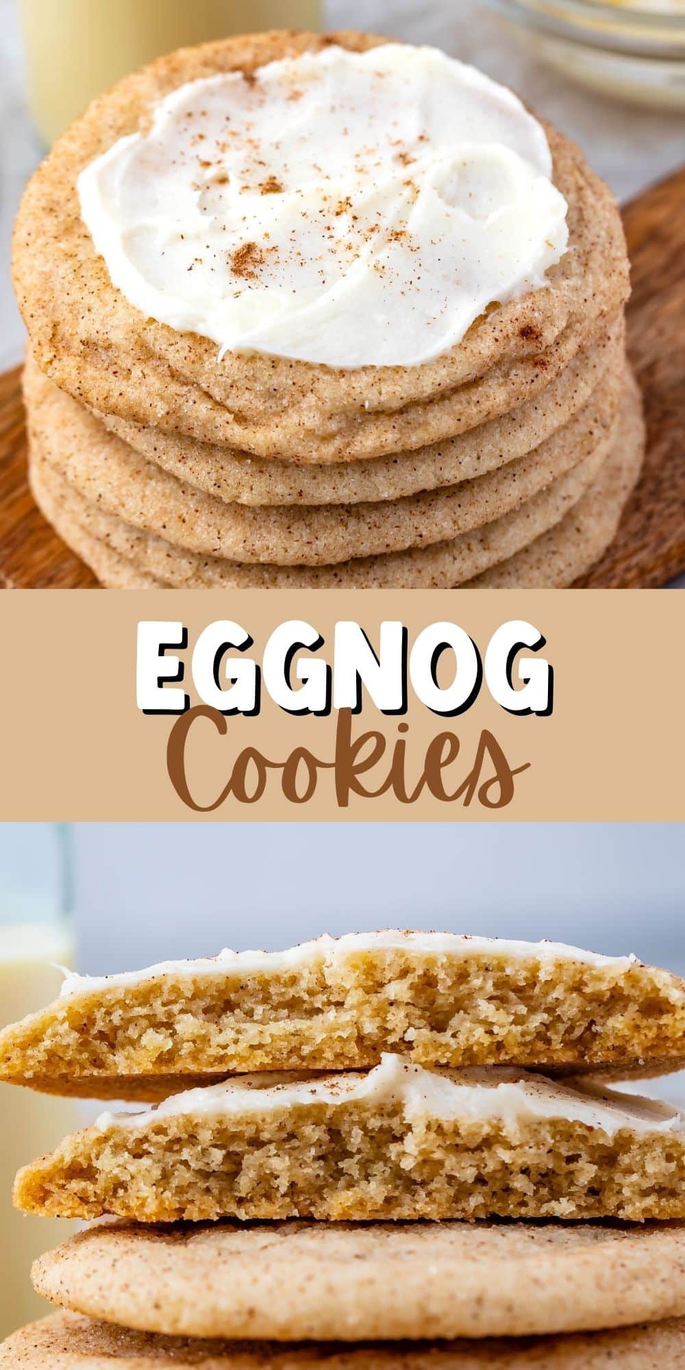 two photos of frosted eggnog cookies stacked on a cutting board
