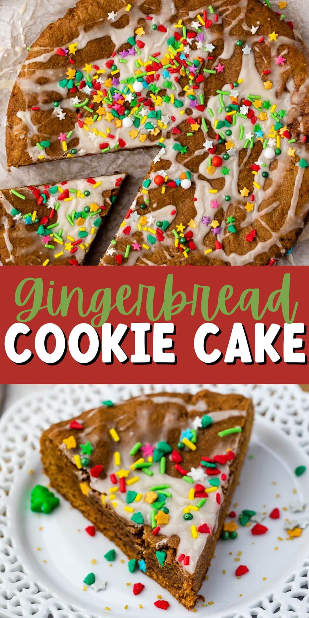 two photos of gingerbread cookie cake on a white plate with sprinkles on top with words in the middle