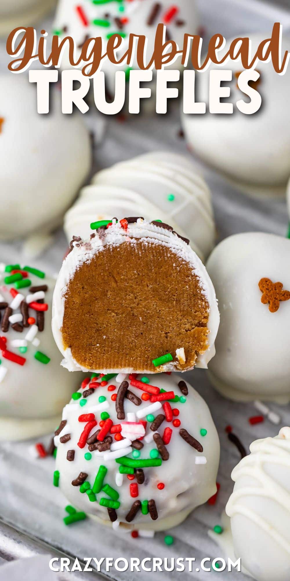 gingerbread truffles covered in white chocolate and green and red sprinkles with words on top