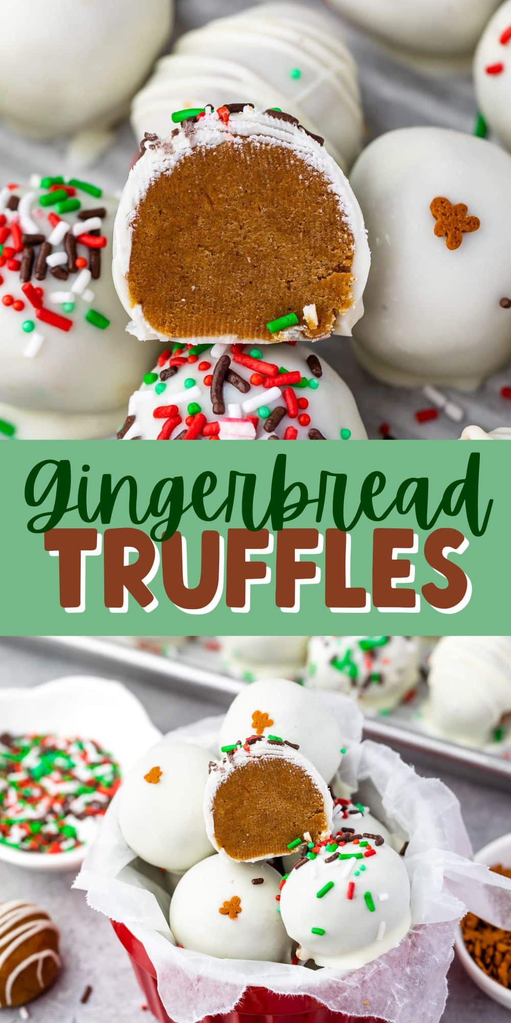 two photos of gingerbread truffles covered in white chocolate and green and red sprinkles with words in the middle