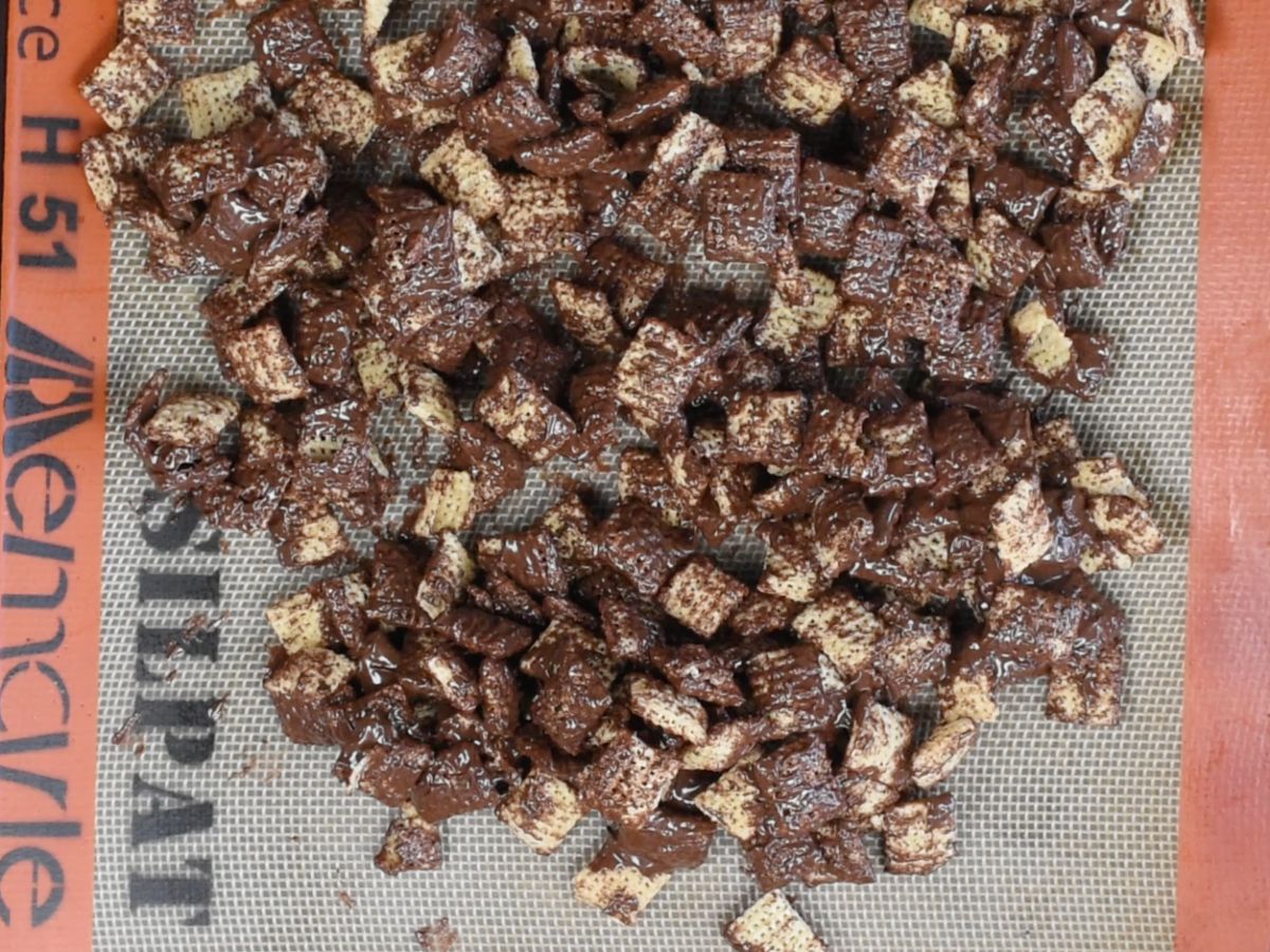 chocolate coated Chex on cookie sheet lined with silpat.