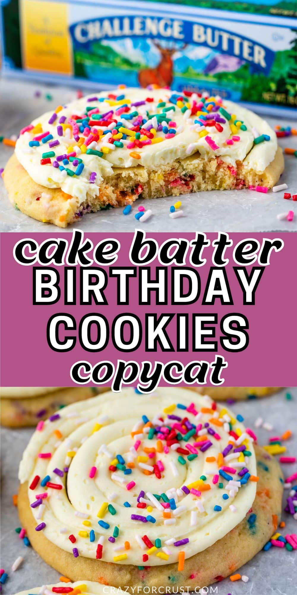 collage of cookies with frosting and rainbow sprinkles on parchment and a cookie with a bite missing