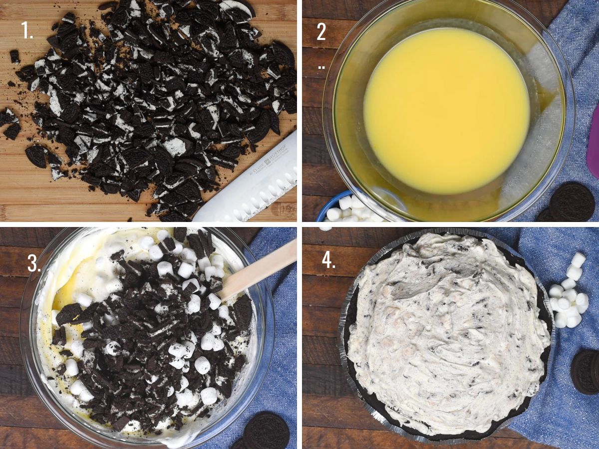 4 photos showing steps to make oreo pie