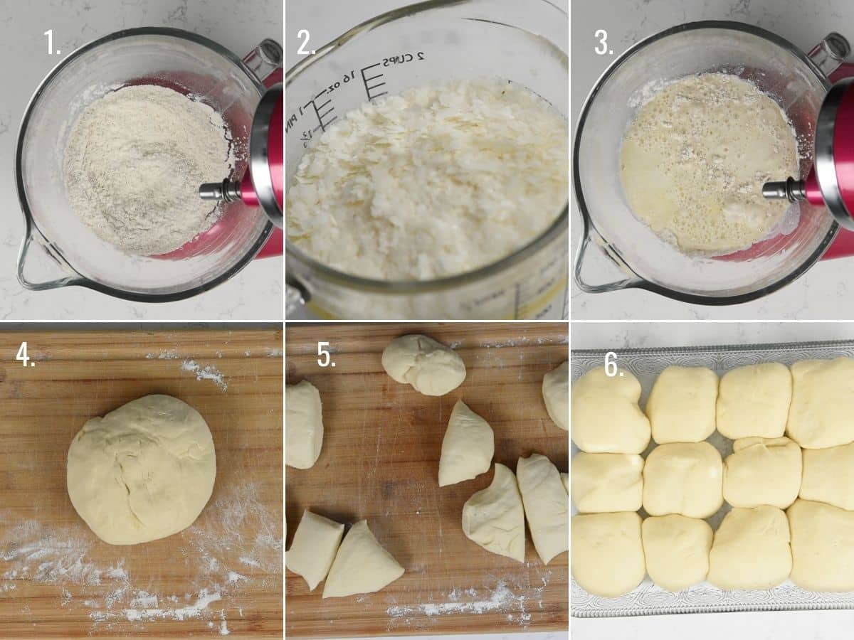 6 photos showing how to make potato dinner rolls.