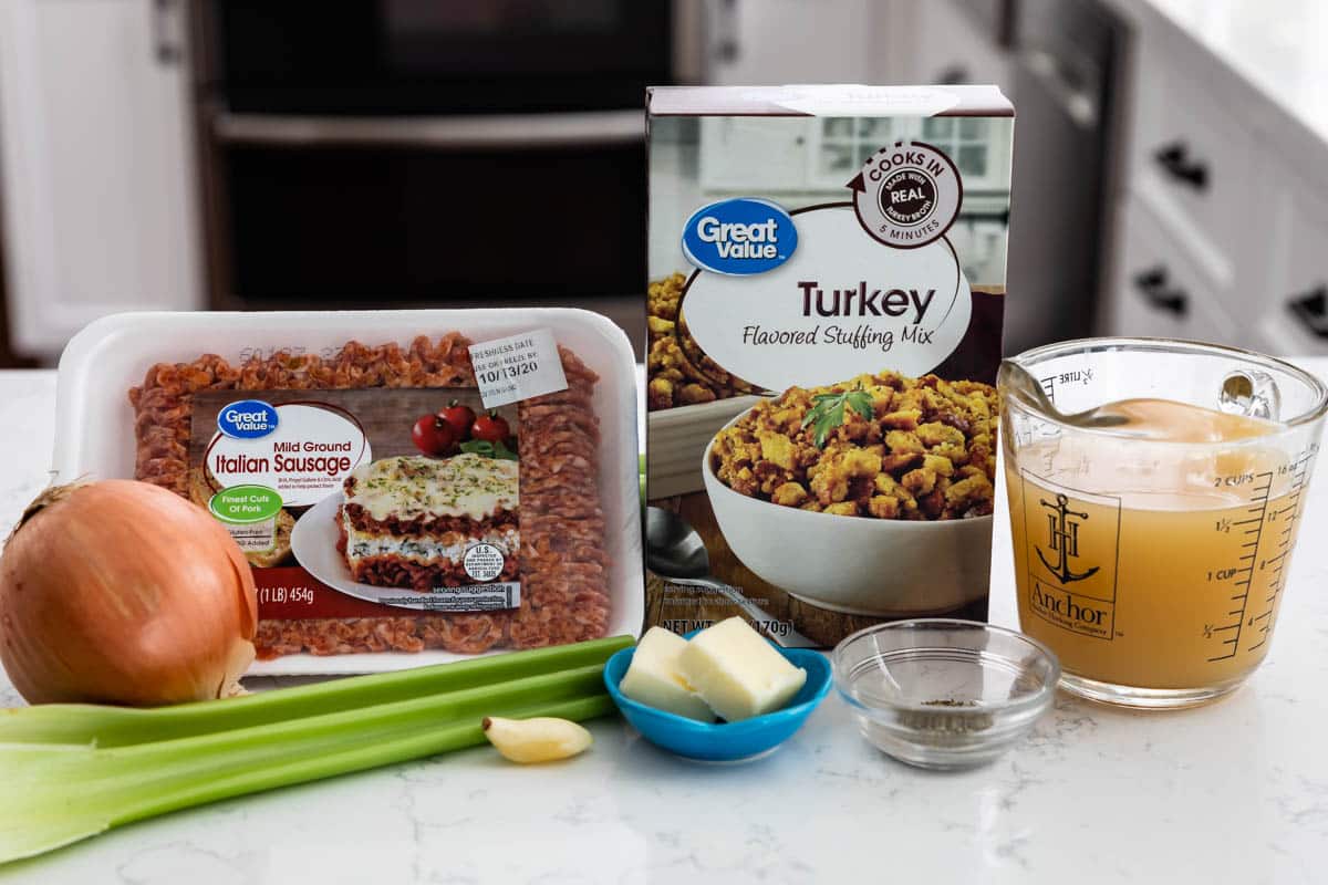 all the ingredients to make stuffing on counter