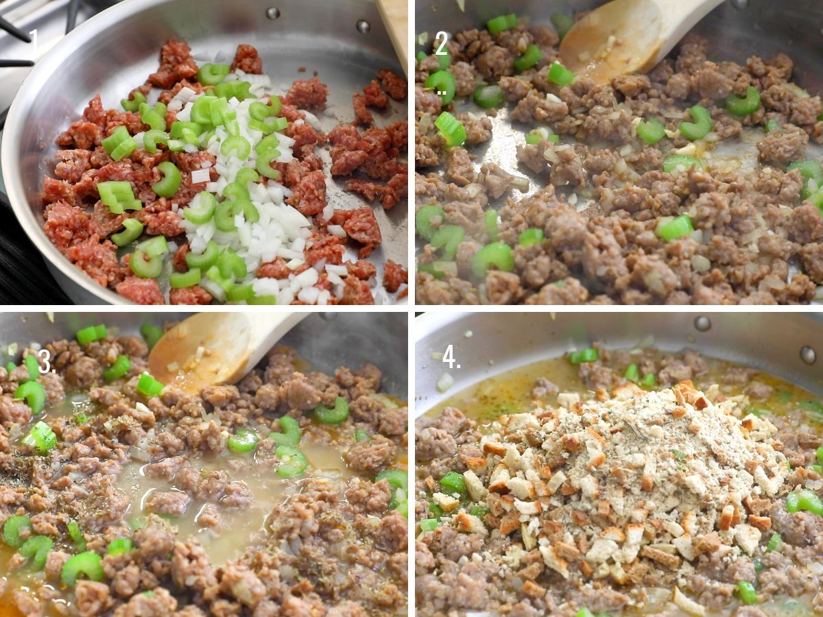 4 photos showing how to make stuffing in a large skillet