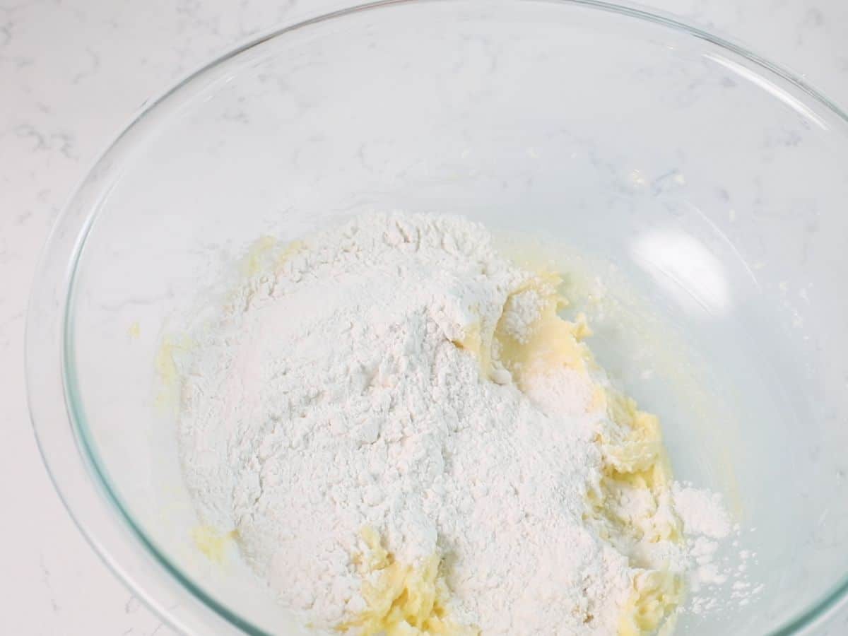 bowl with creamed butter and sugar and flour