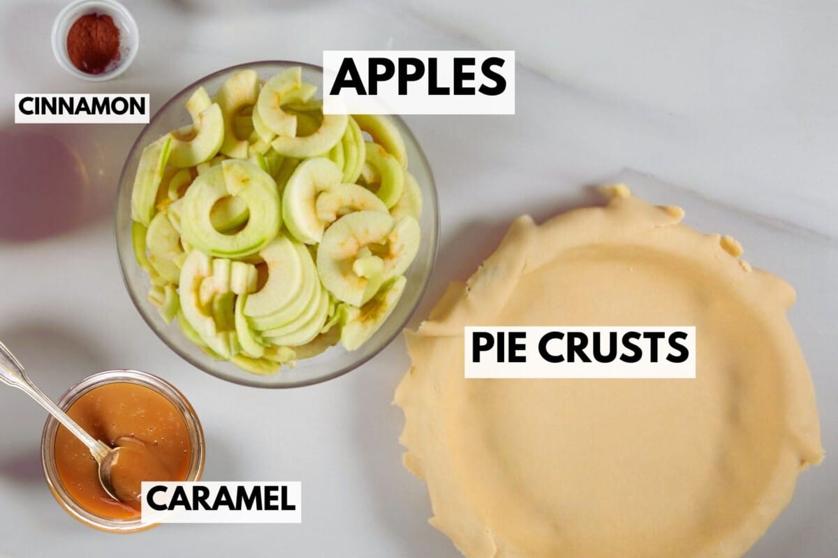 A top view of caramel apple pie ingredients: a bowl of sliced apples, a container of cinnamon, a jar of caramel, and a pie crust in a baking pan, each labeled with bold text.