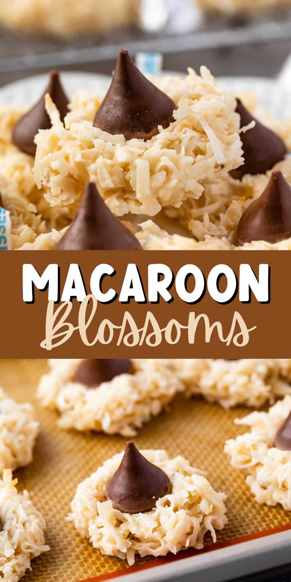 macaroon blossoms laid out on plates and pans with words in the middle