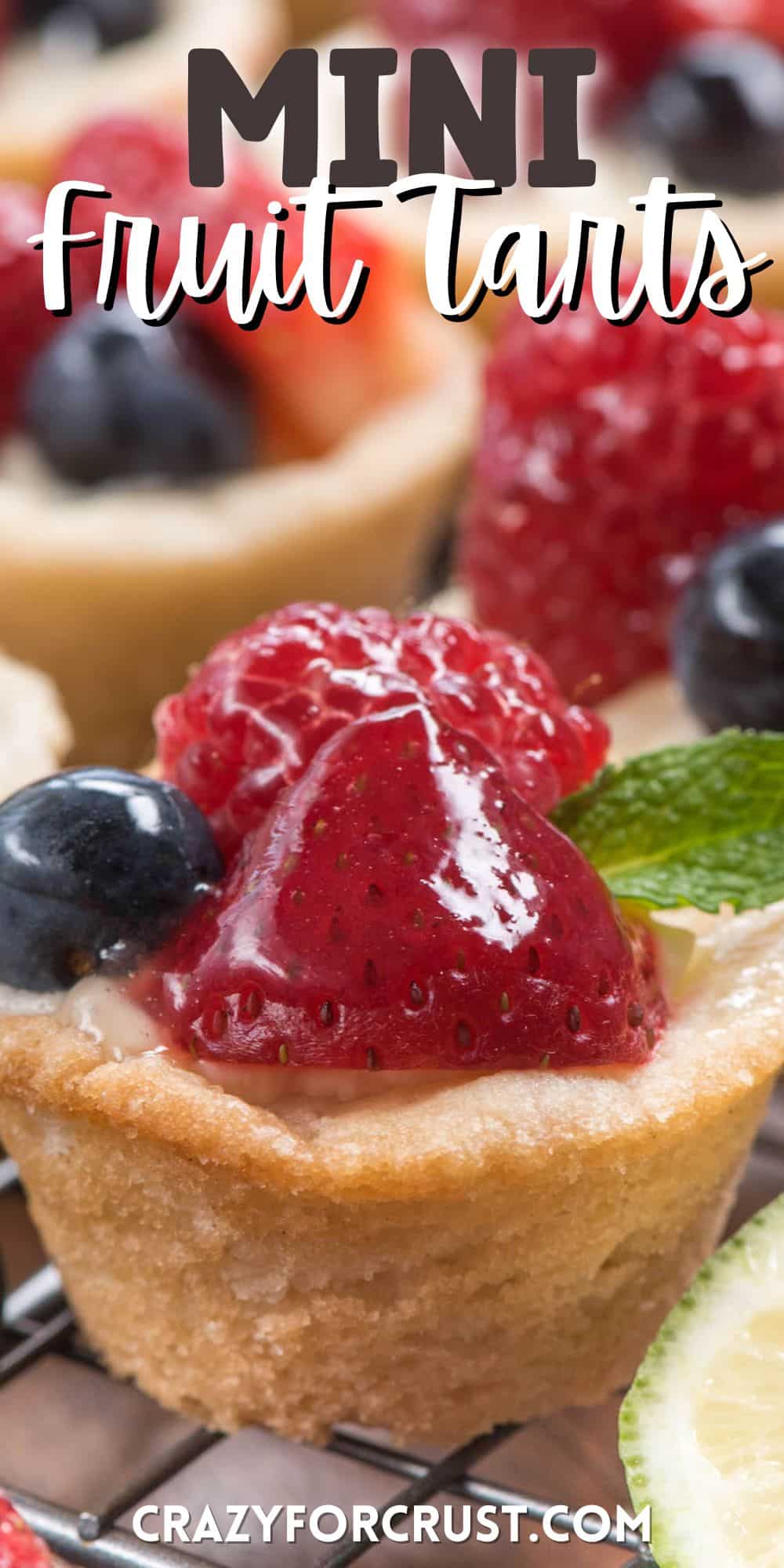 mini tarts with various fruits on top and words on the image