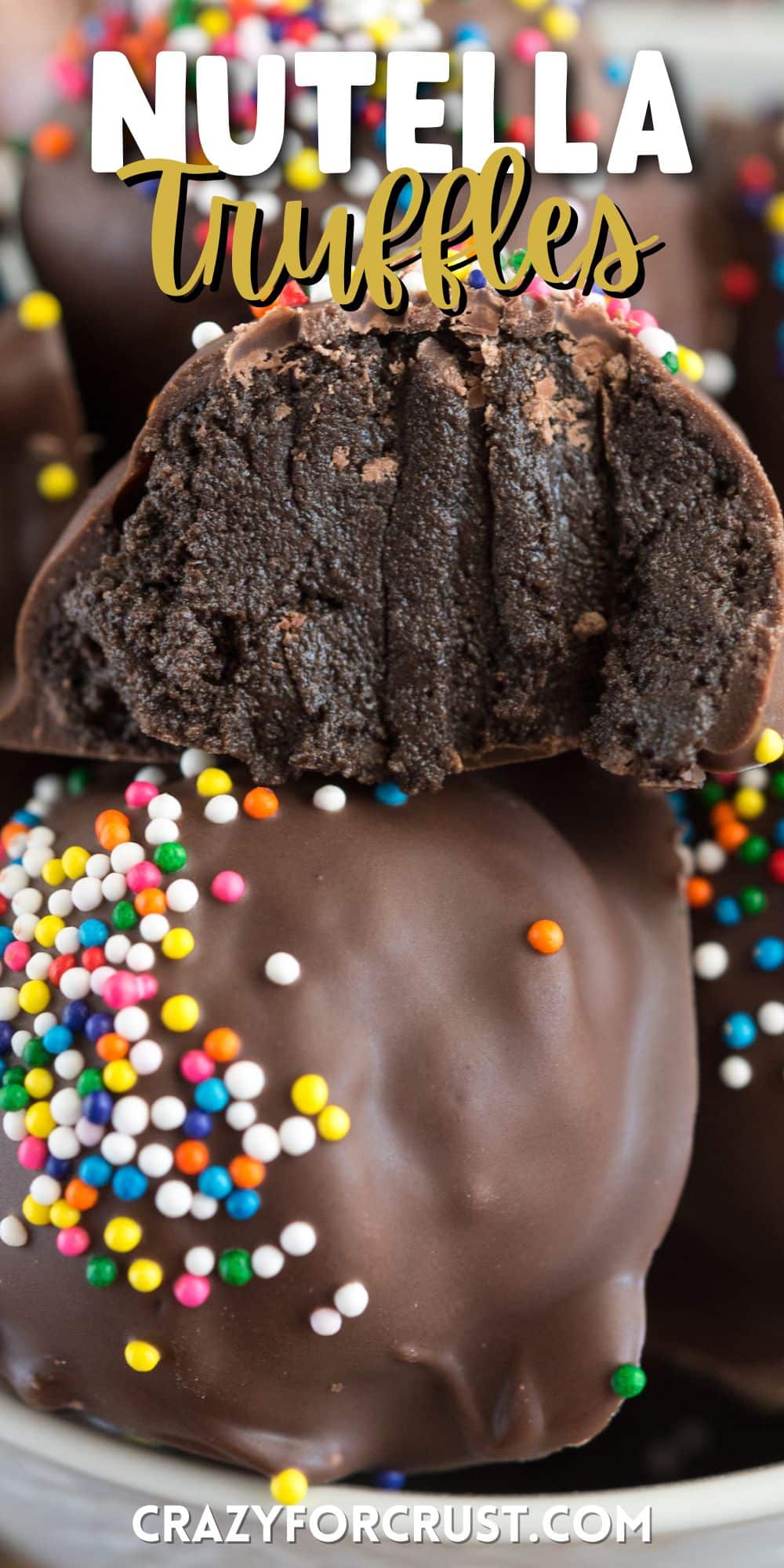 chocolate covered truffled with colorful sprinkles on top in a white bowl with words on top