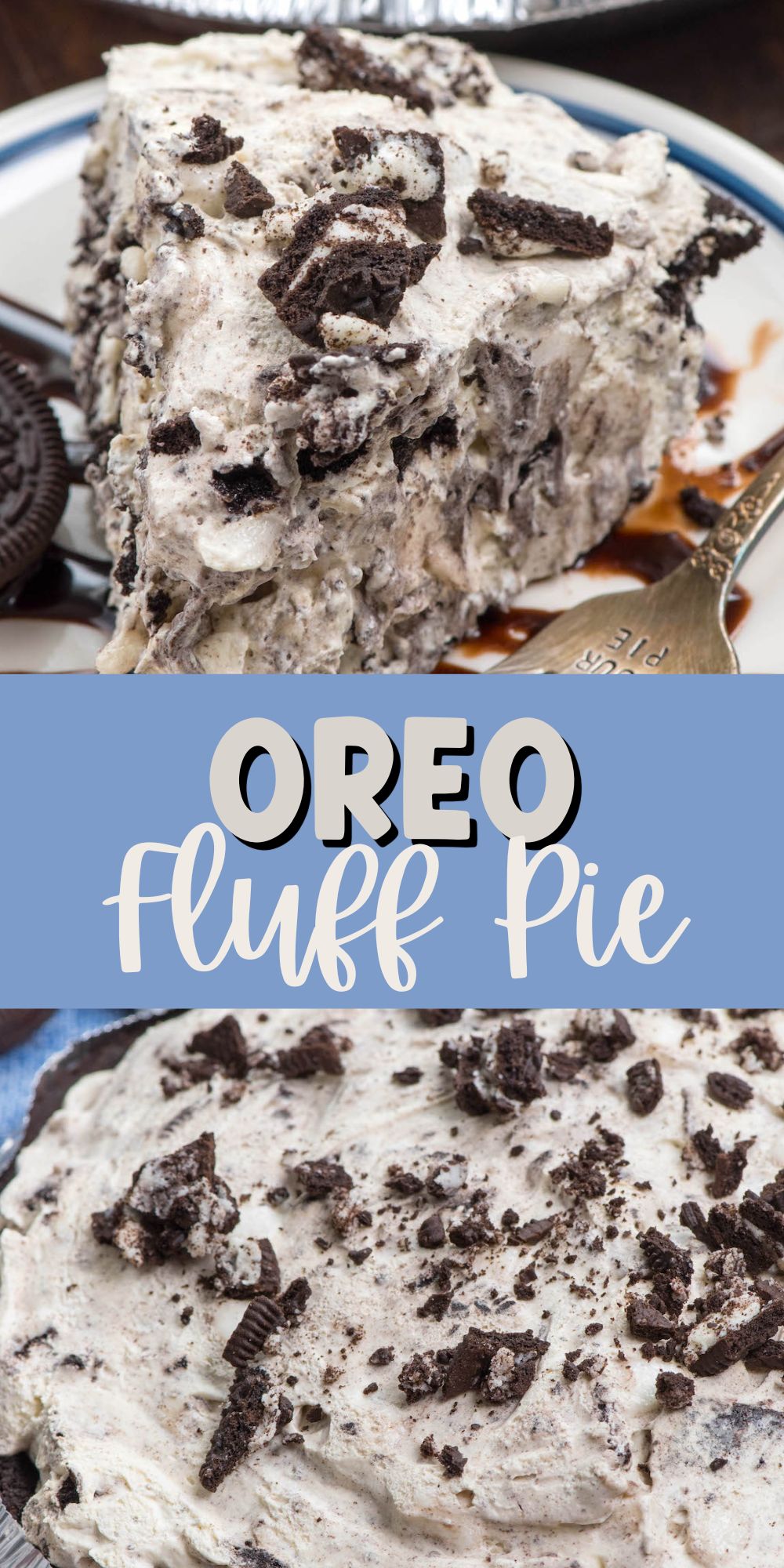 two photos of slice of oreo pie on a white plate with chocolate drizzled over top with words in the middle