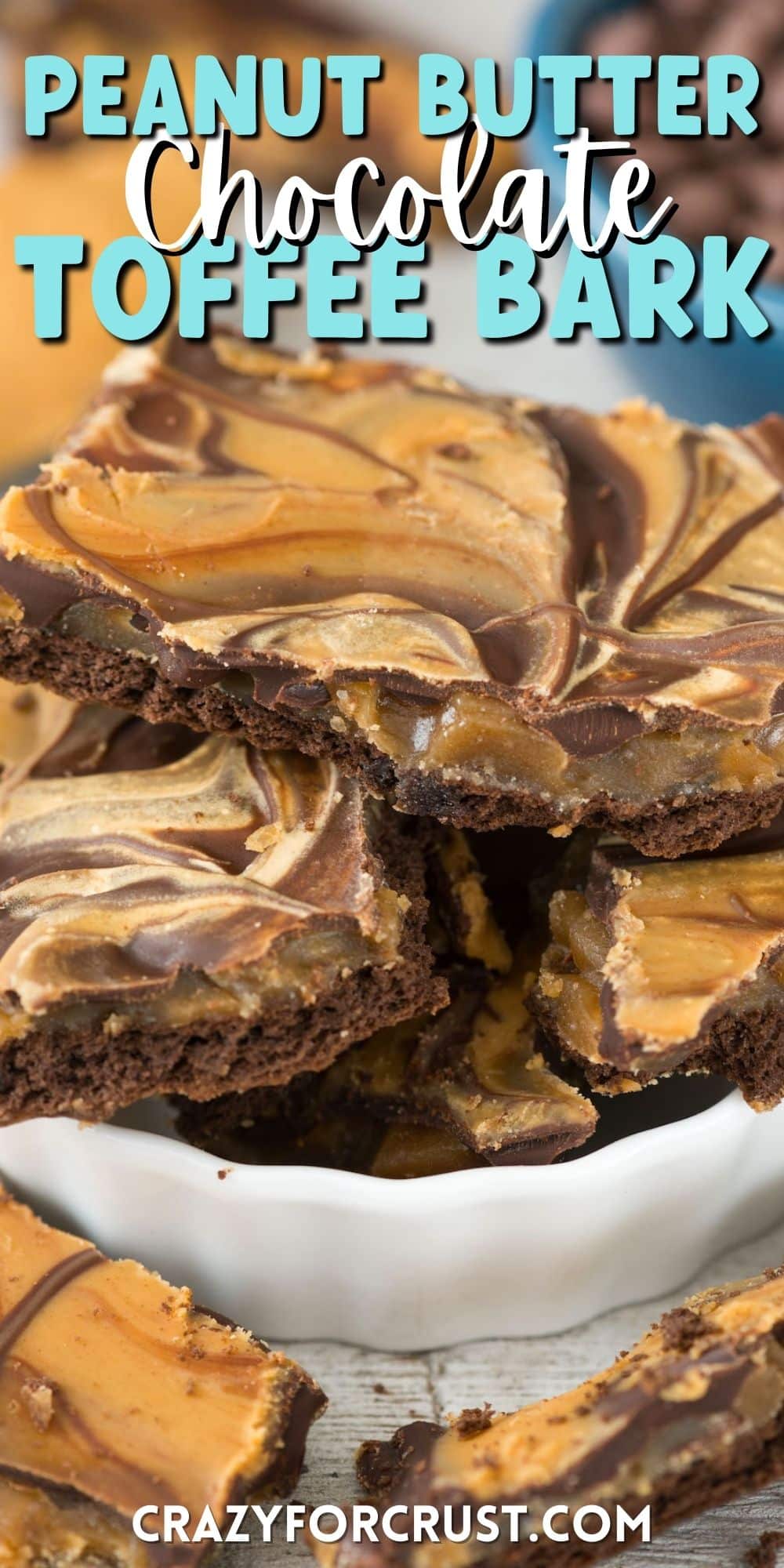 chocolate and peanut butter swirled bark in a white bowl with words on top