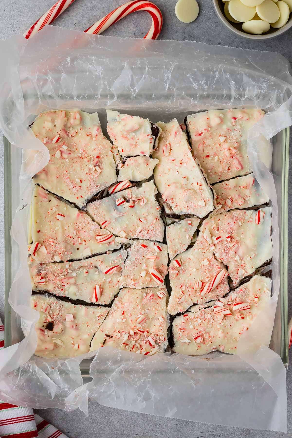 layered chocolate bark with crushed peppermint on top