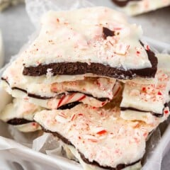 layered chocolate bark with crushed peppermint on top