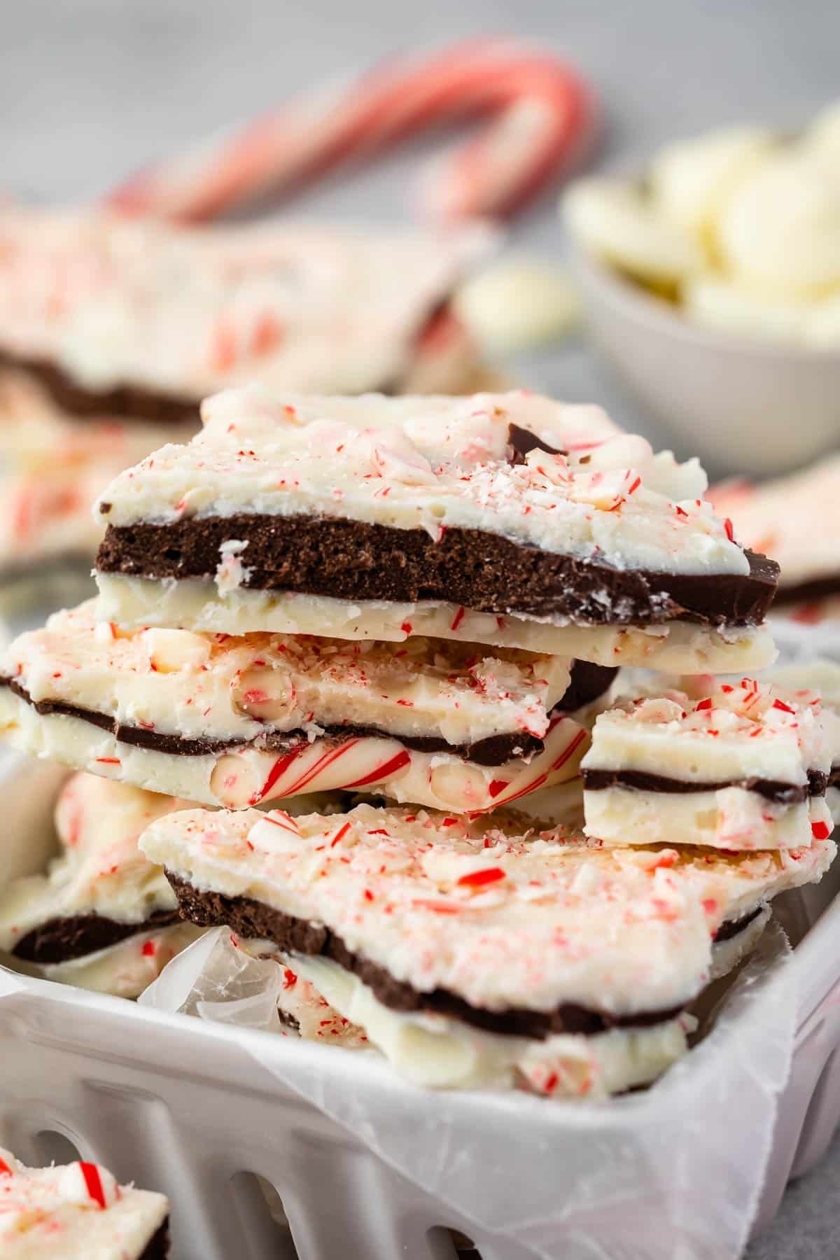 layered chocolate bark with crushed peppermint on top