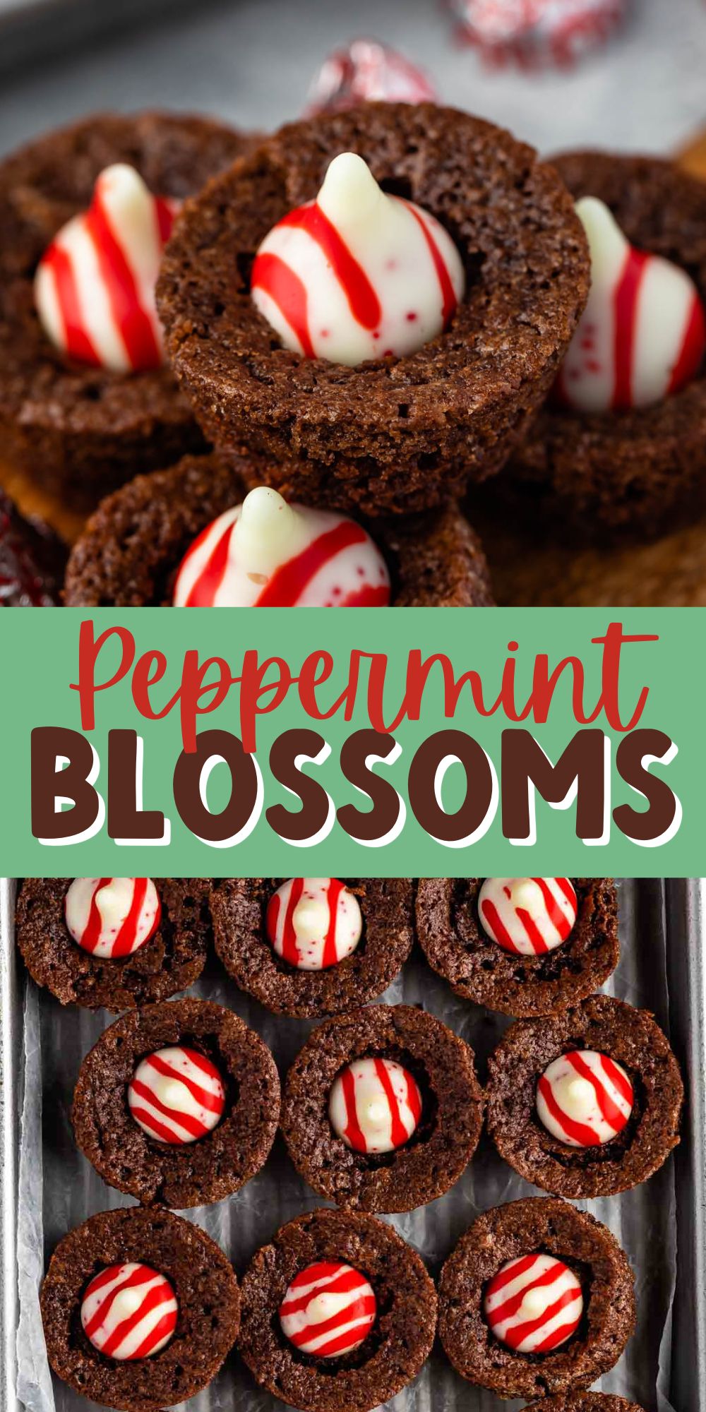 two photos of stacked brownie bites with a peppermint kiss in the middle and words in the middle