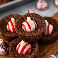 stacked brownie bites with a peppermint kiss in the middle