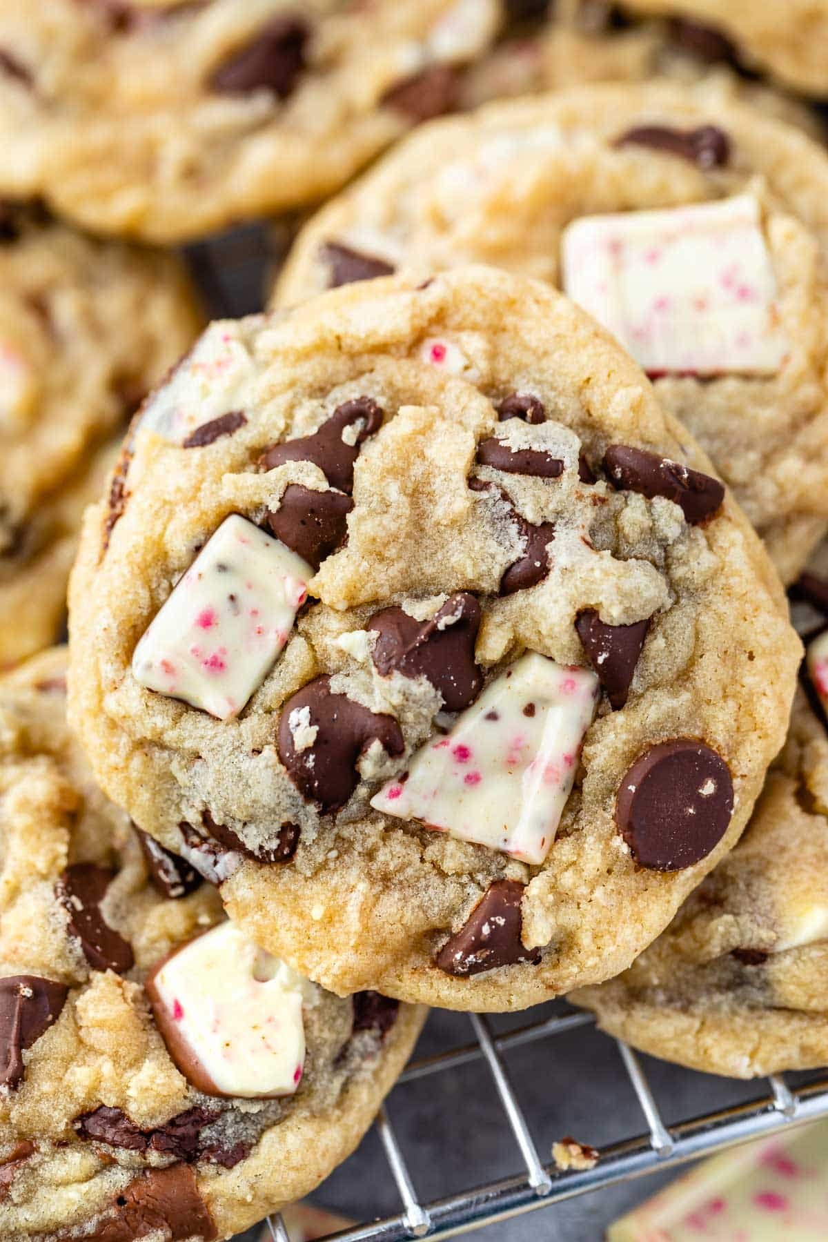 cookie with peppermint bark bits on rack