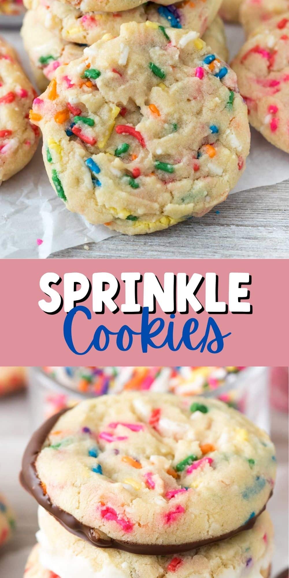 two photos of cookies with rainbow sprinkles baked inside and words in the middle