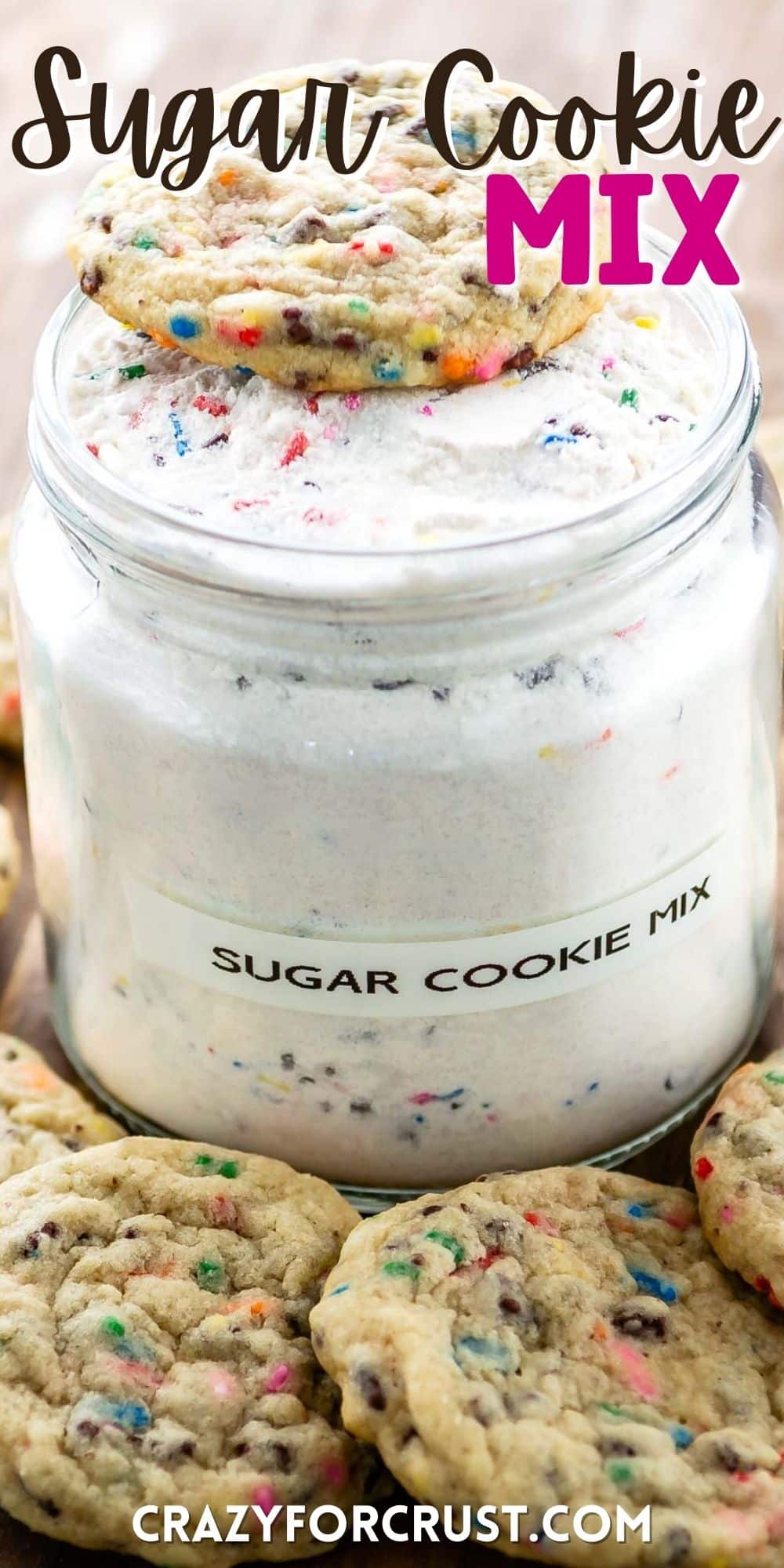 two photos of sugar cookie mix in a big clear container with sugar cookies sitting around the container with words on top