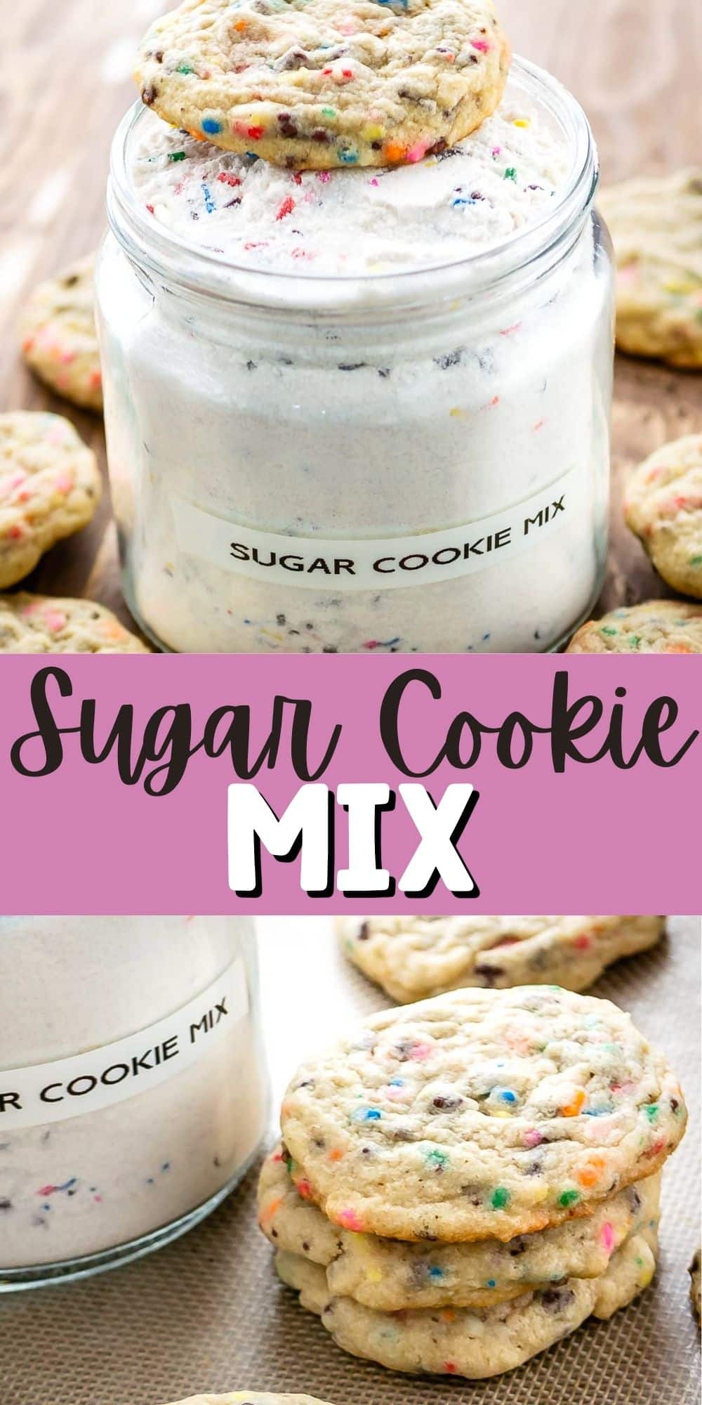 two photos of sugar cookie mix in a big clear container with sugar cookies sitting around the container