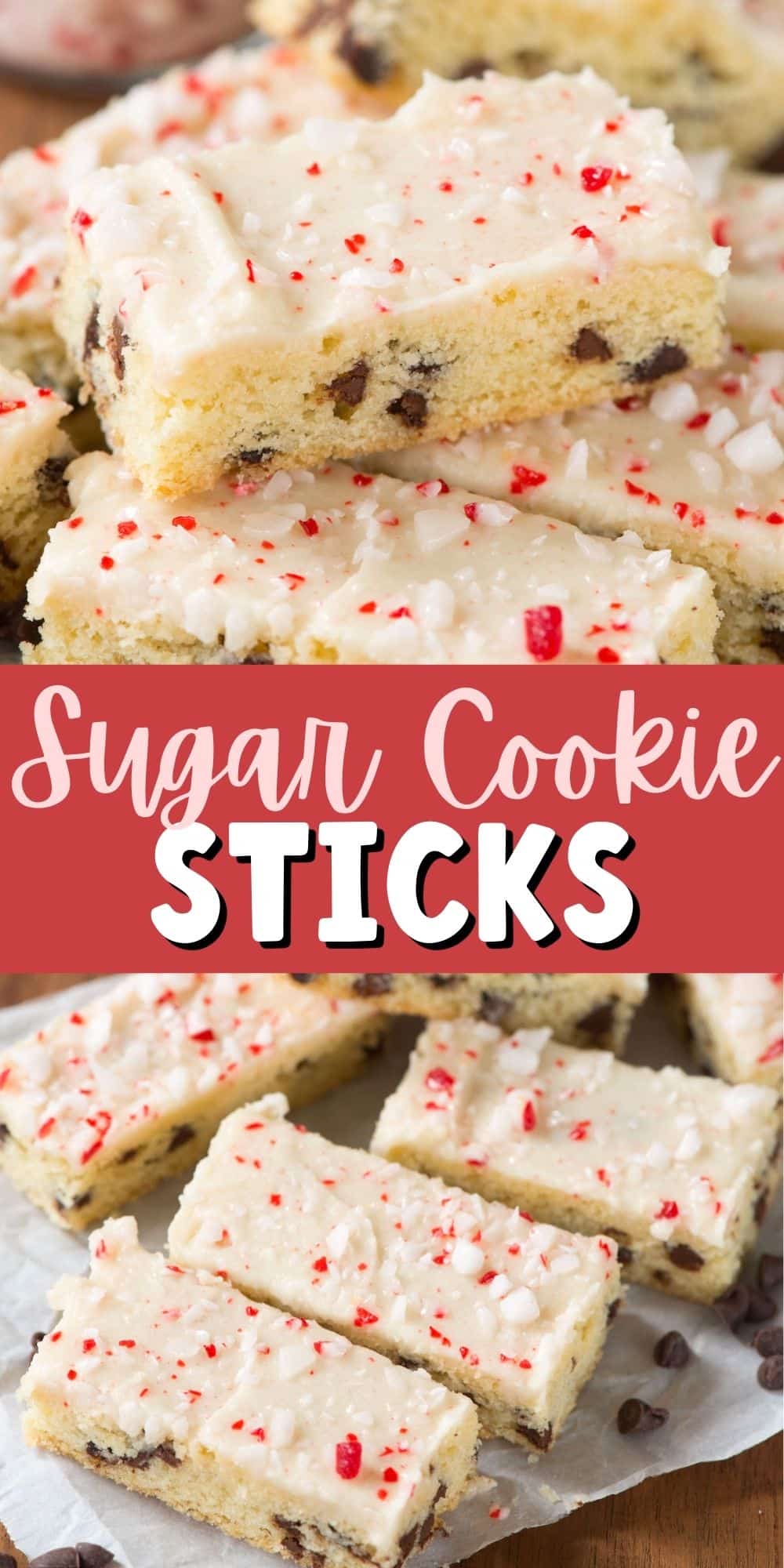 two photos of chocolate chip cookie sticks with white icing and crushed peppermint on top and words in the middle