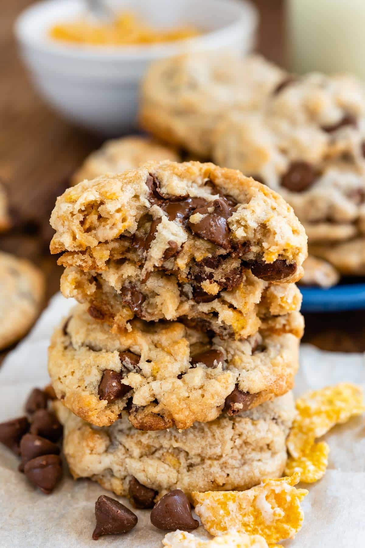 stacked frosted flake cookies with chocolate chips baked in