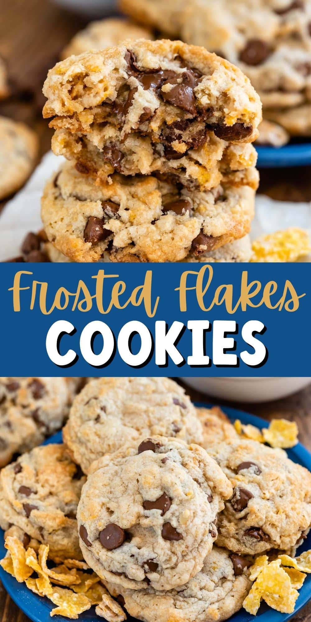 two photos of stacked frosted flake cookies with chocolate chips baked in with words in the middle