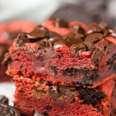 stacked red velvet bars with chocolate chips baked in