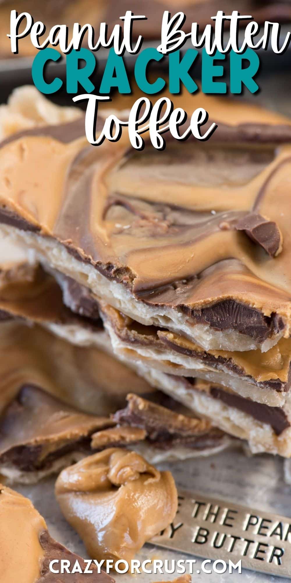 peanut butter and chocolate swirled together on top of a cracker with words on top of the image