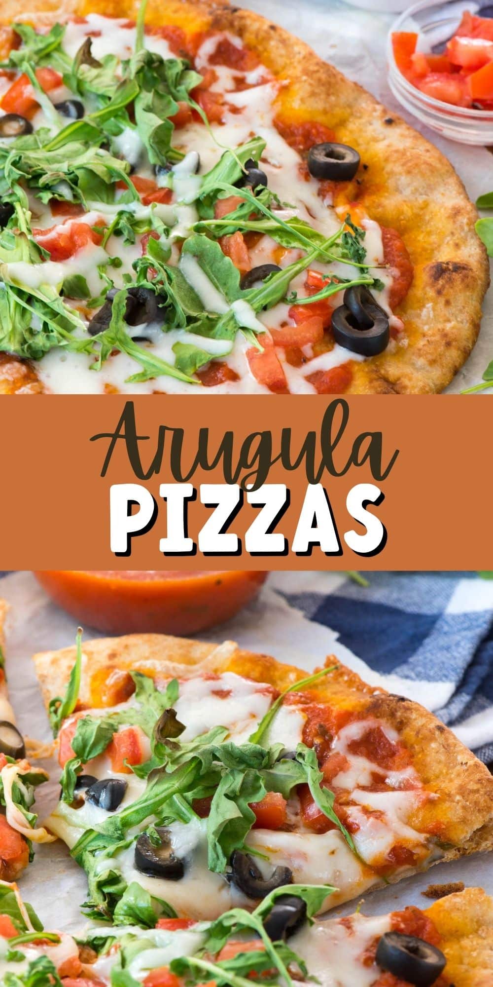 two photos of pizza with olives and arugula on top with words on top