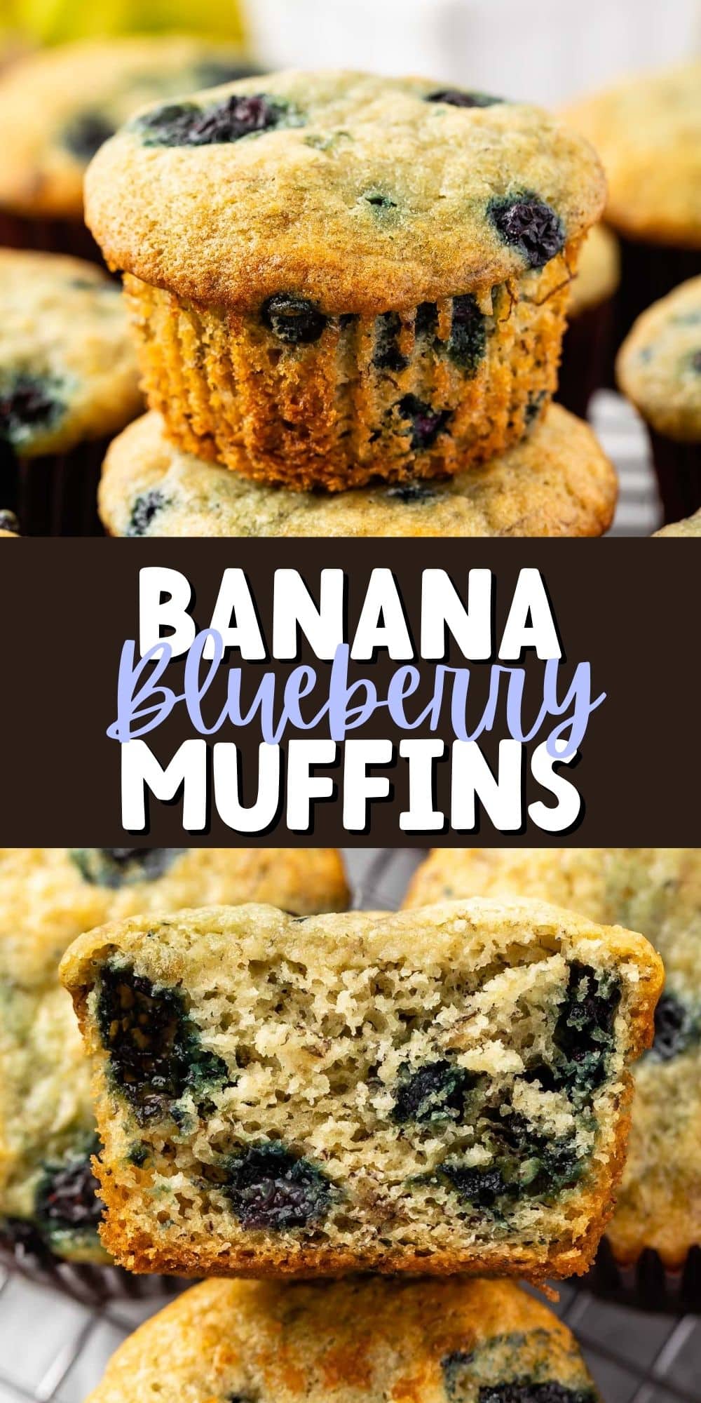 two photos of stacked blueberry muffins on a drying rack with words in the middle