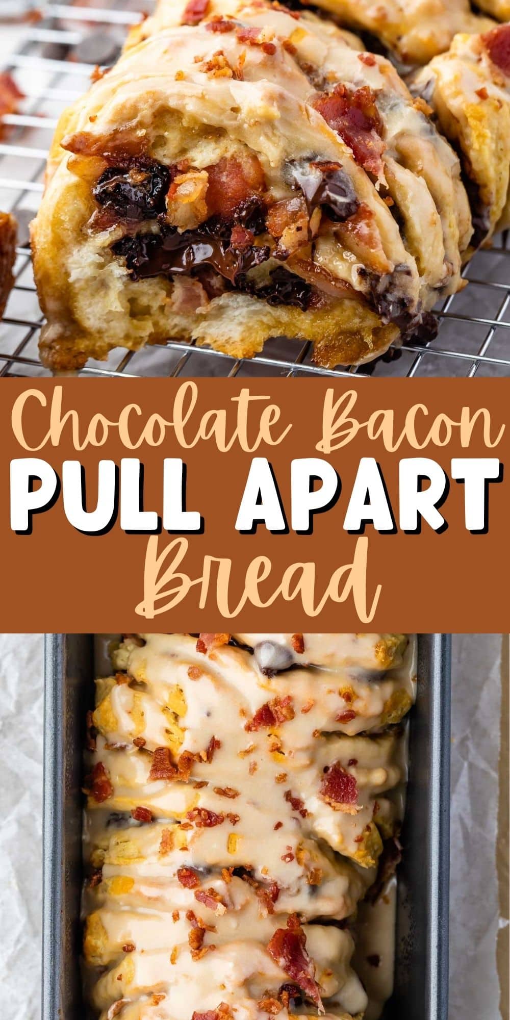 two photos of loaf of bacon pull apart bread sitting on a drying wrack with bacon sprinkled on top with words in the middle