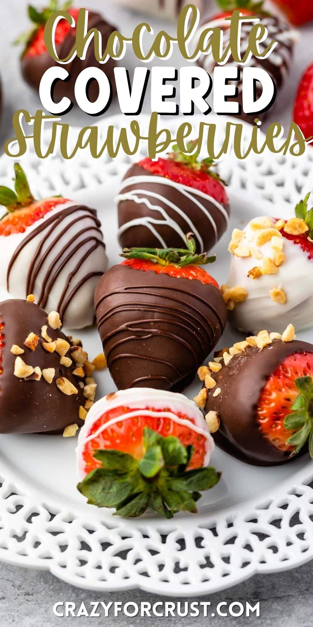 chocolate covered strawberries on a white plate with words on top