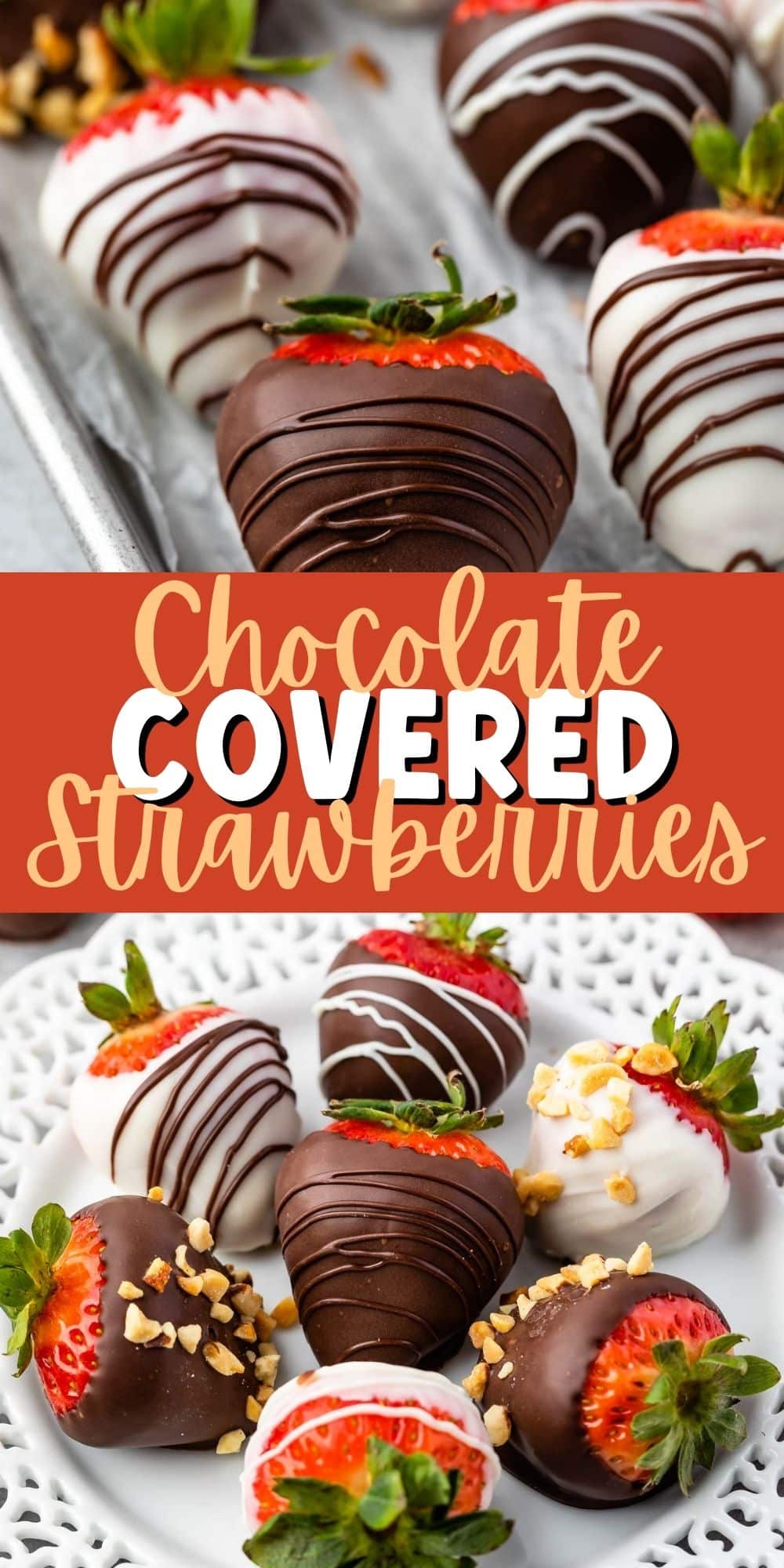 two photos of chocolate covered strawberries on a baking pan