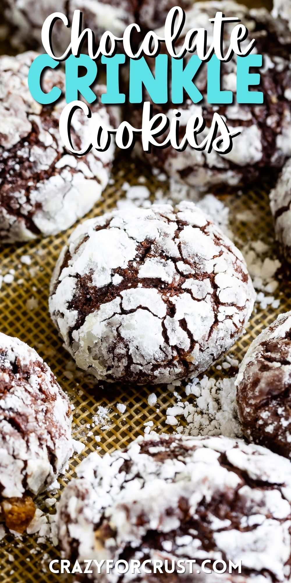 multiple crinkle cookies laid out with powdered sugar on top with words on top