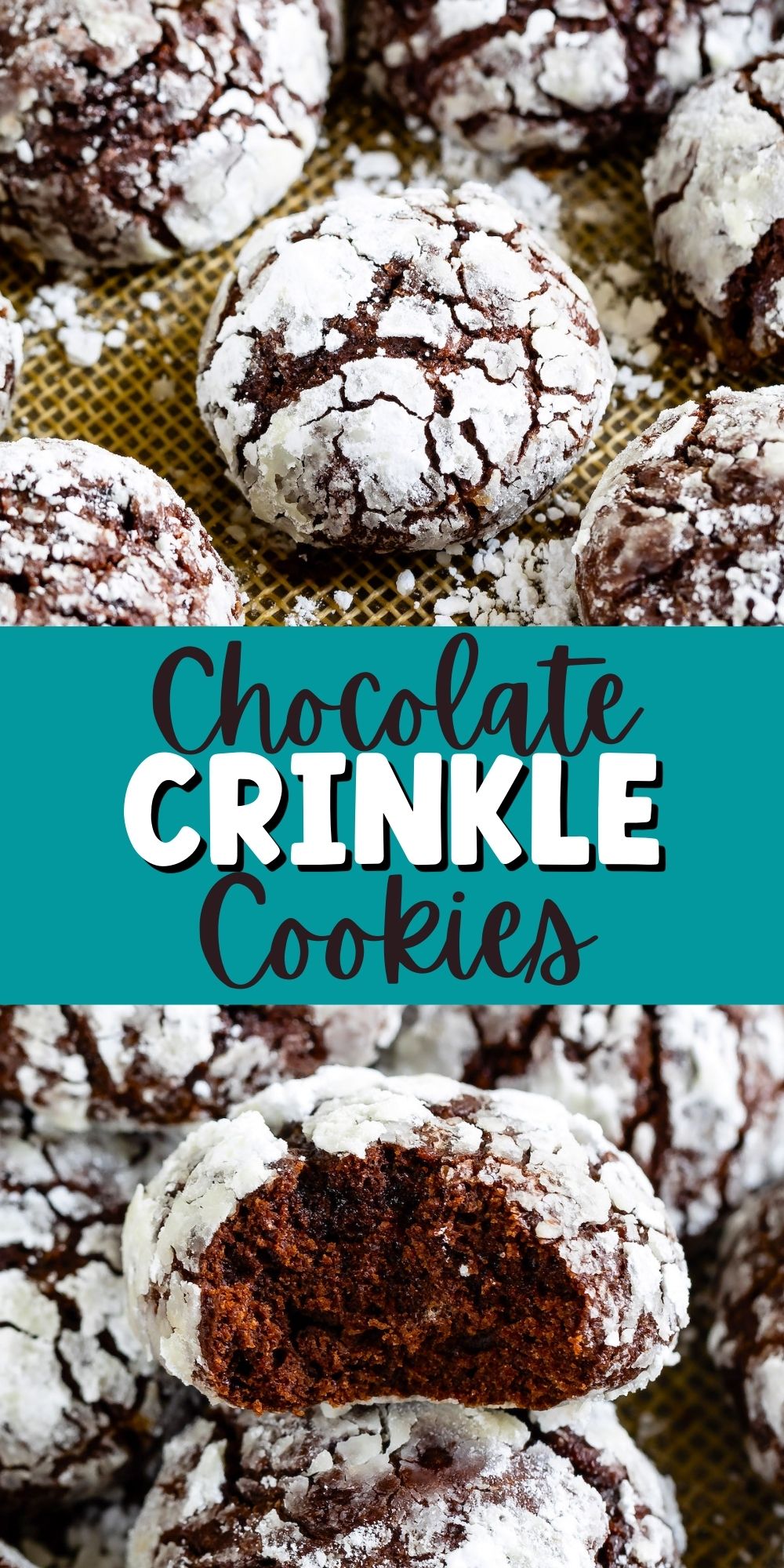 two photos of multiple crinkle cookies laid out with powdered sugar on top and words in the middle of the images