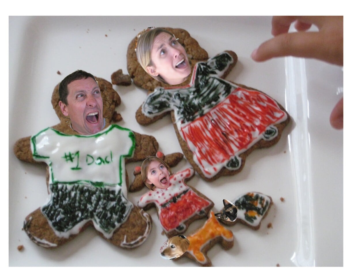 christmas card with sugar cookie people on plate