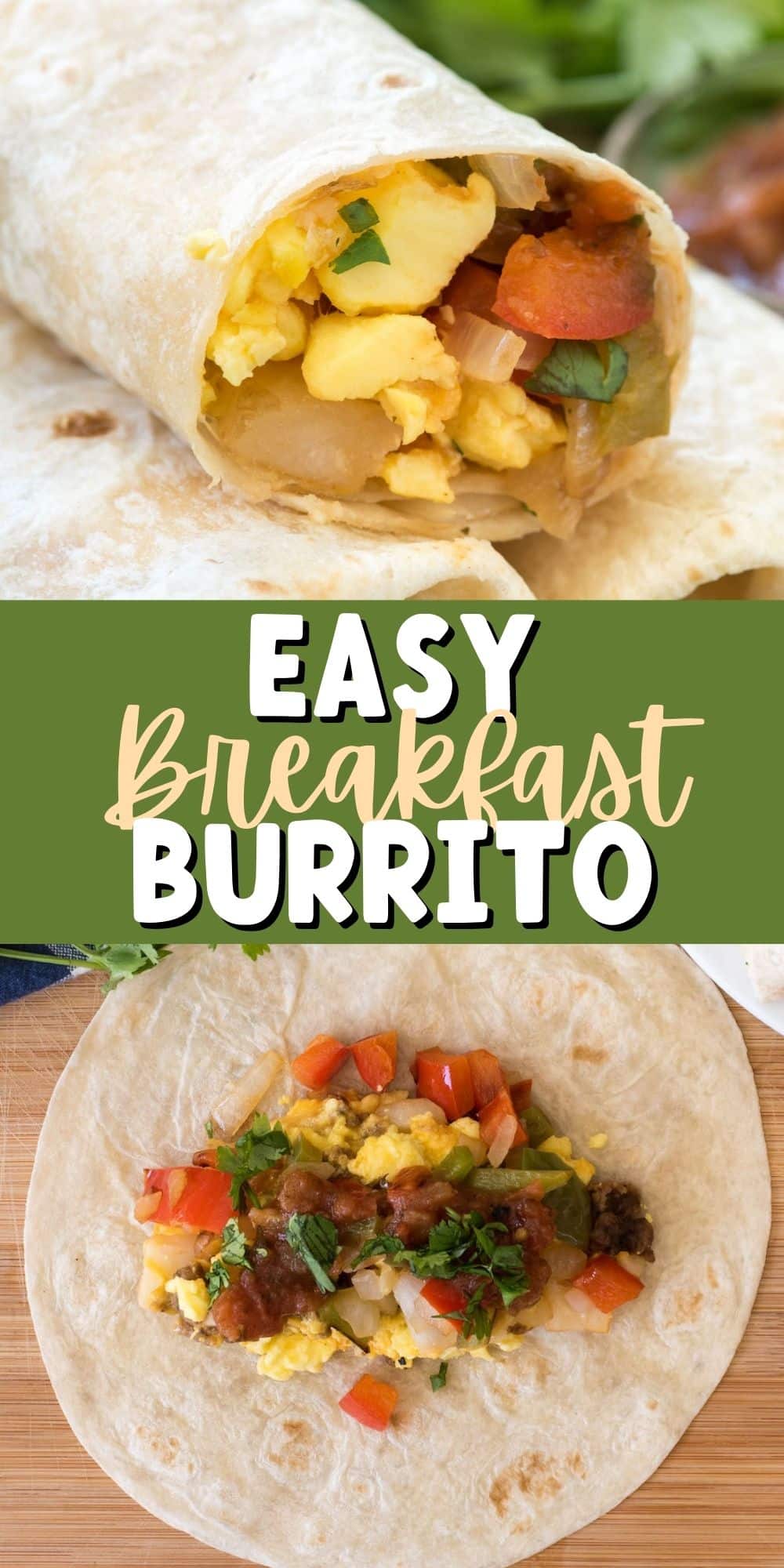 two photos of burrito stuffed with eggs and veggies