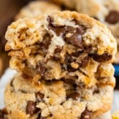 stacked frosted flake cookies with chocolate chips baked in with words on top of the image