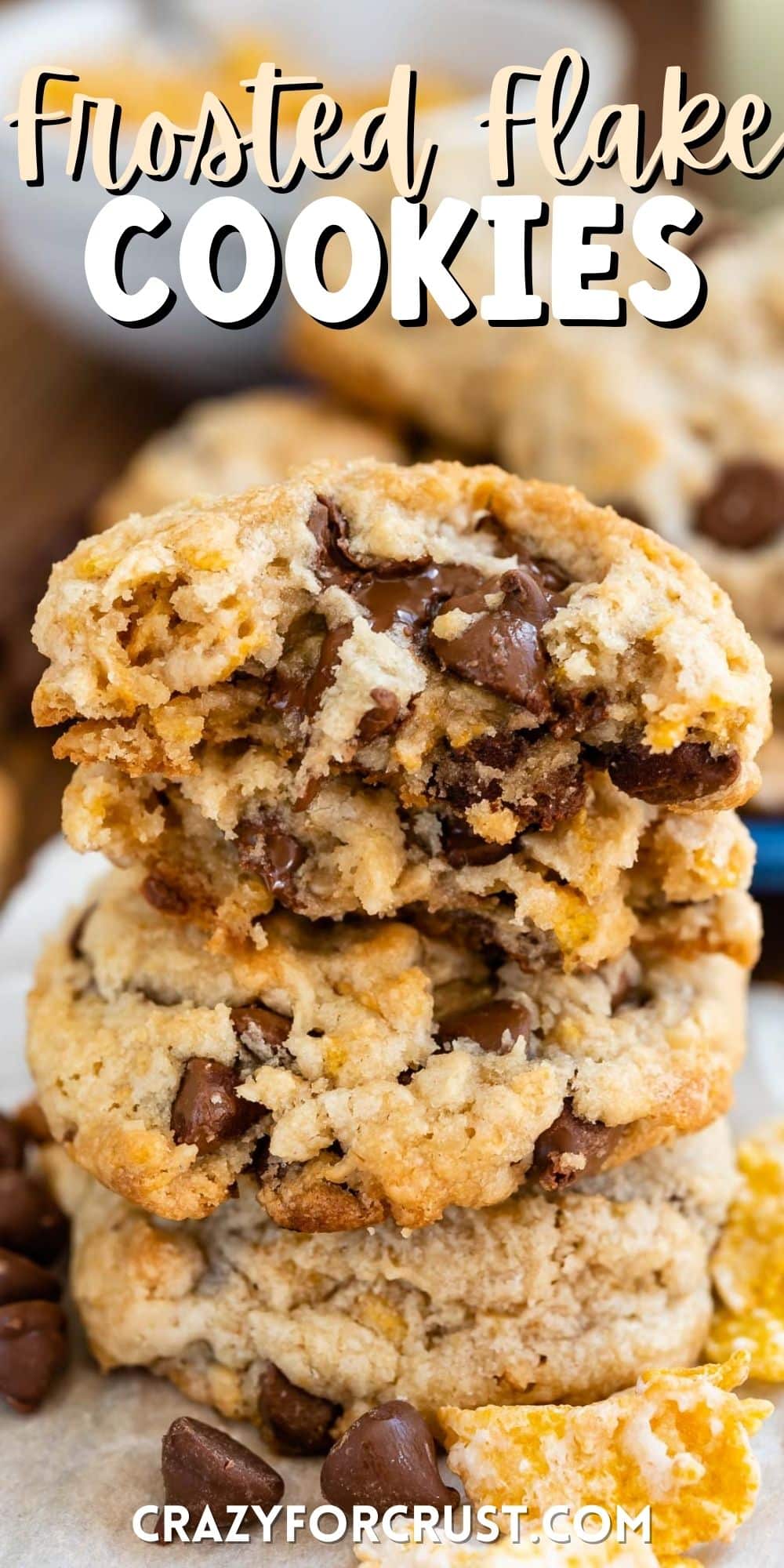 stacked frosted flake cookies with chocolate chips baked in with words on top of the image