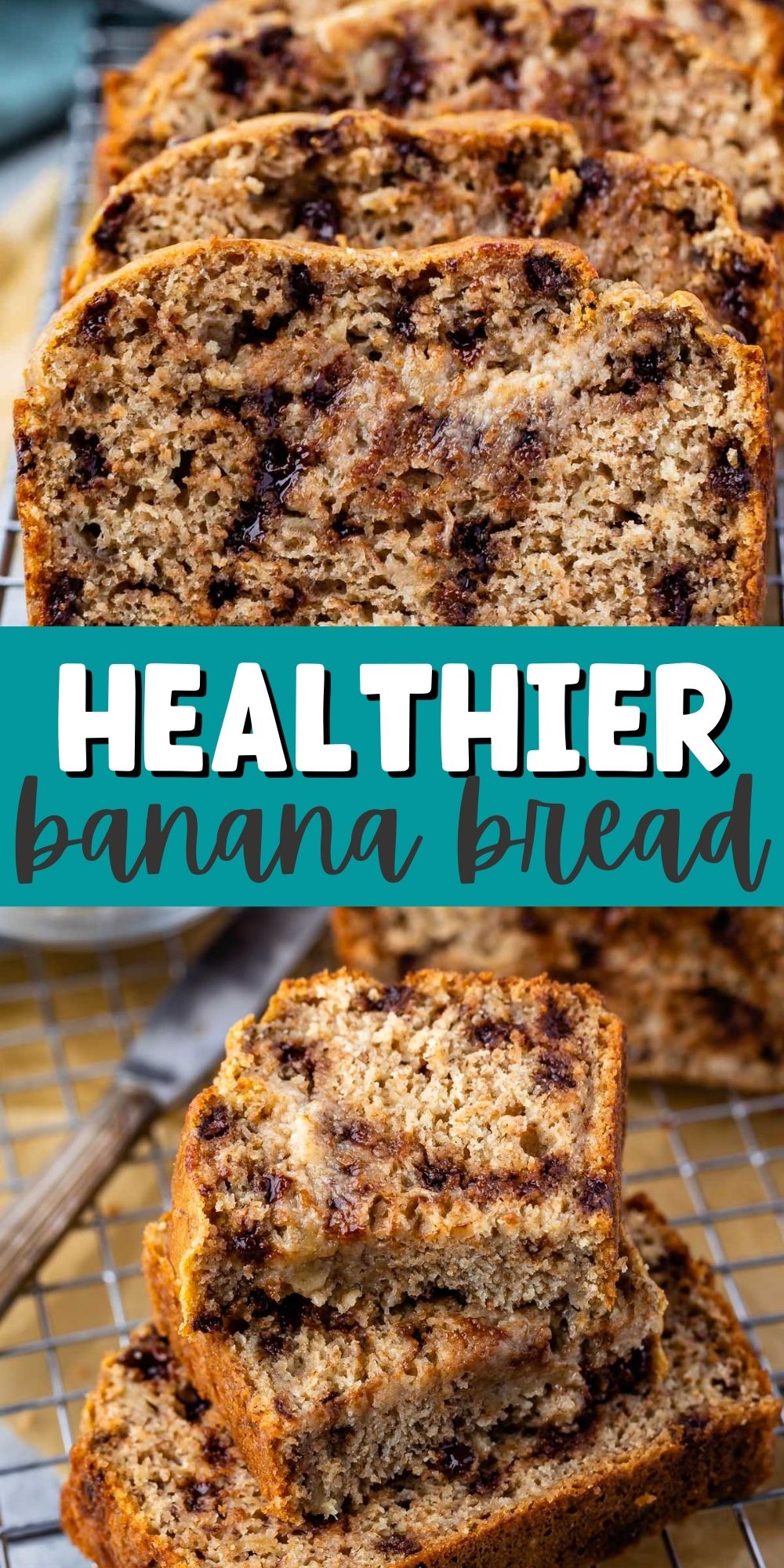 two photos of stacked banana bread on a drying rack with chocolate chips baked in with words in the middle