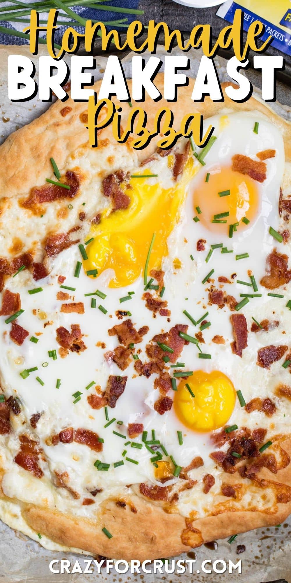 pizza with bacon and eggs on top and words on the image